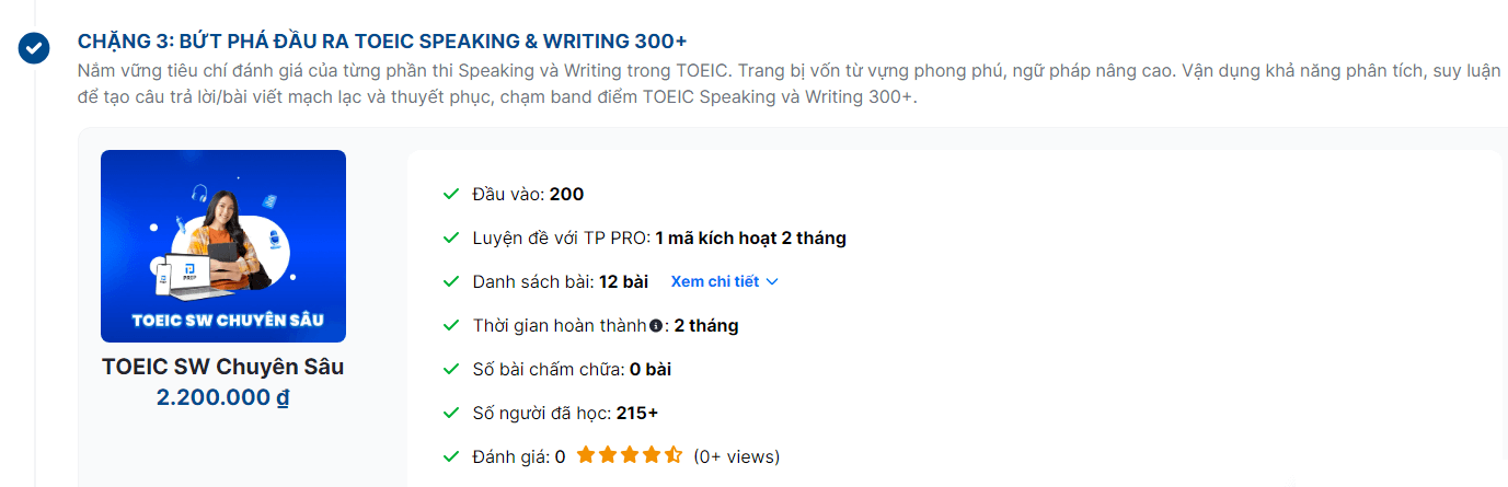 Khóa Speaking & Writing Chuyên sâu  (200 - 300+): 21 ngày