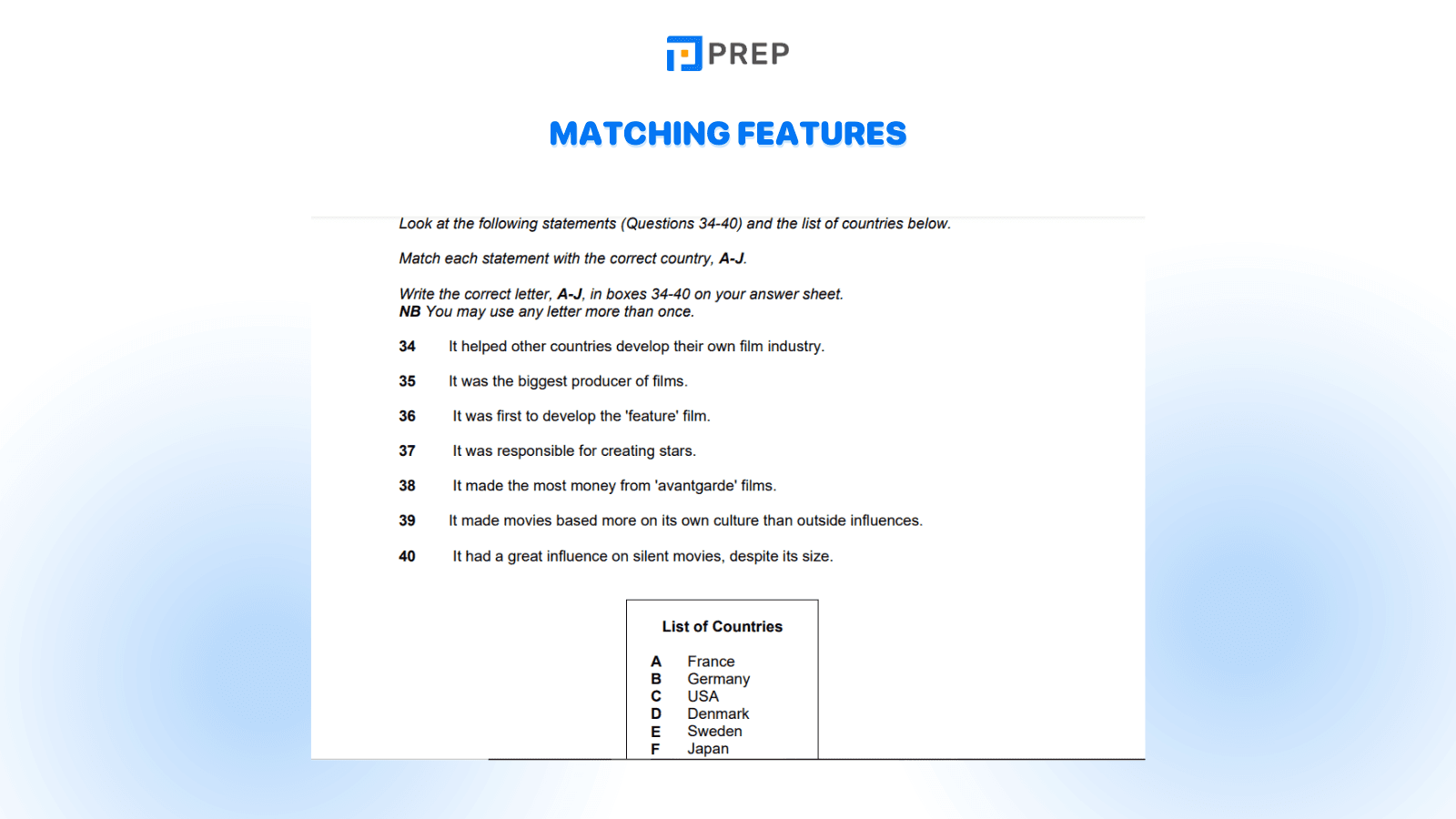 Matching Features Question - one of the most common IELTS Reading Question Types